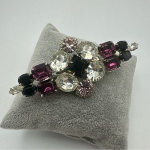 Vintage Large Harlequin Brooch with Black and Purple Rhinestones #672